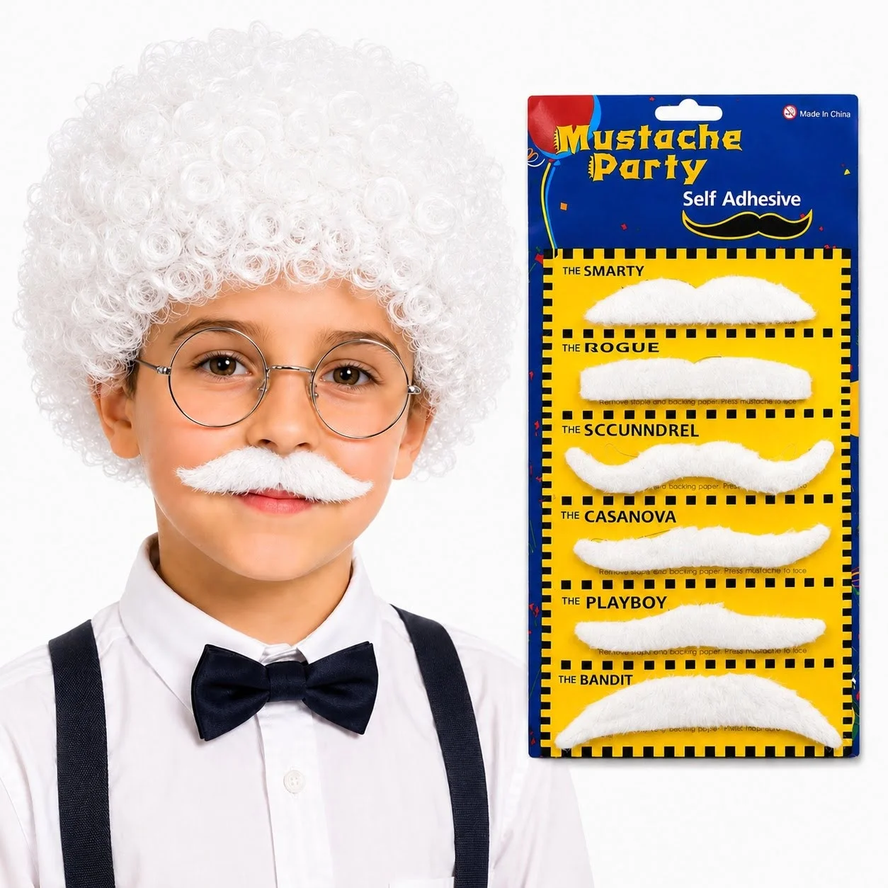 Mey İthalat® Einstein Beyaz Peruk ve 6'lı Bıyık Seti – Bilim 