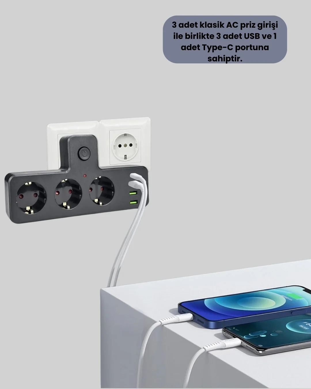 Mey İthalat® Ev ve Ofis İçin Akıllı Çoklu Priz 7 Girişli