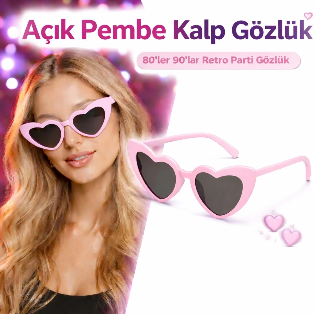 Mey İthalat® Fuşya  Retro Kalp Gözlük – 80’ler 90’lar Stil Parti 