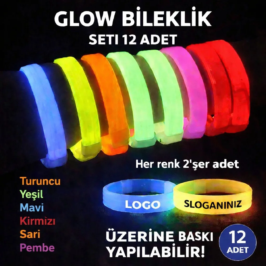 Mey İthalat® Glow Kalın Bileklik 12’li Set | Baskıya Uygun Renkli