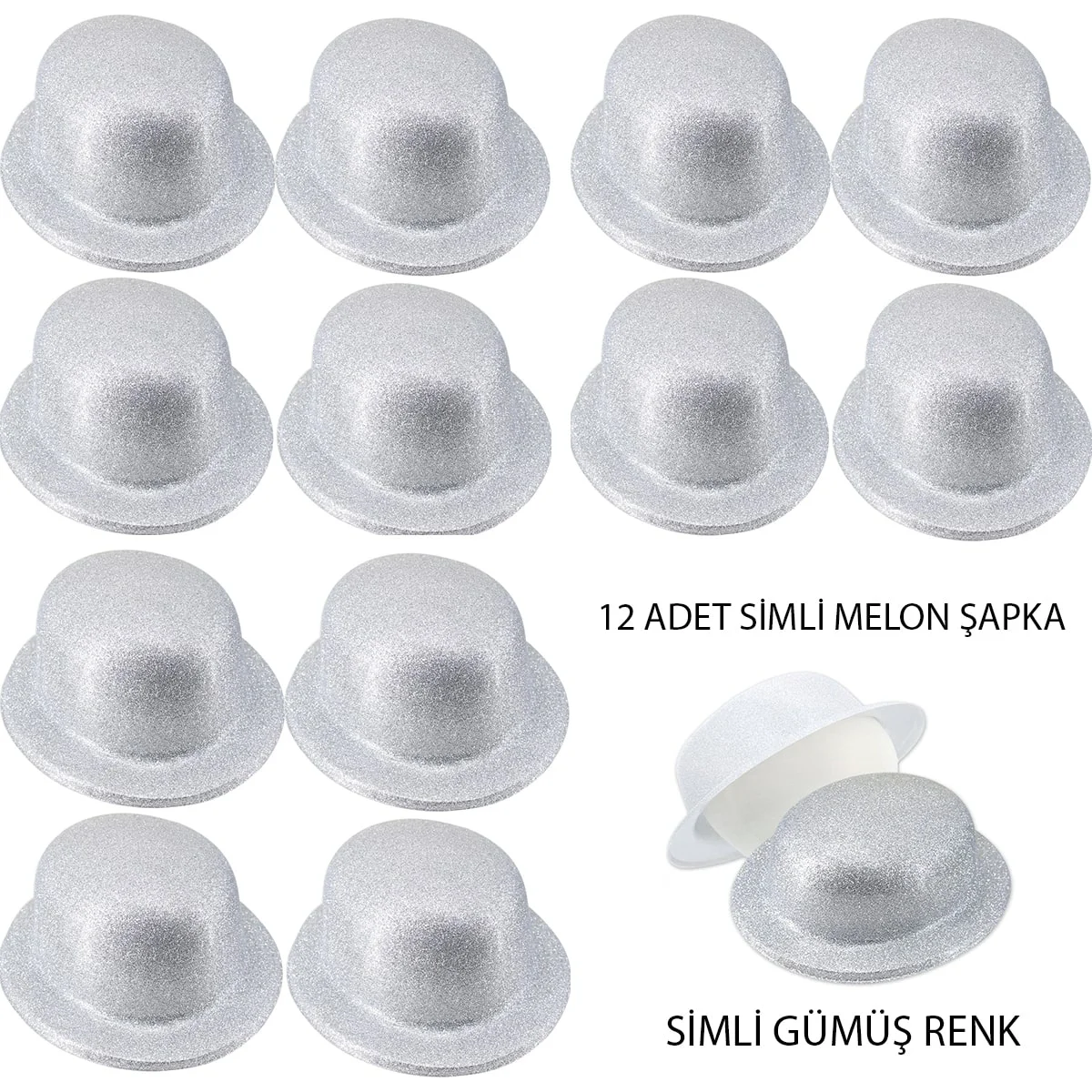 Mey İthalat® Gümüş Renk Simli Melon Yuvarlak Parti Şapkası 12 Ade