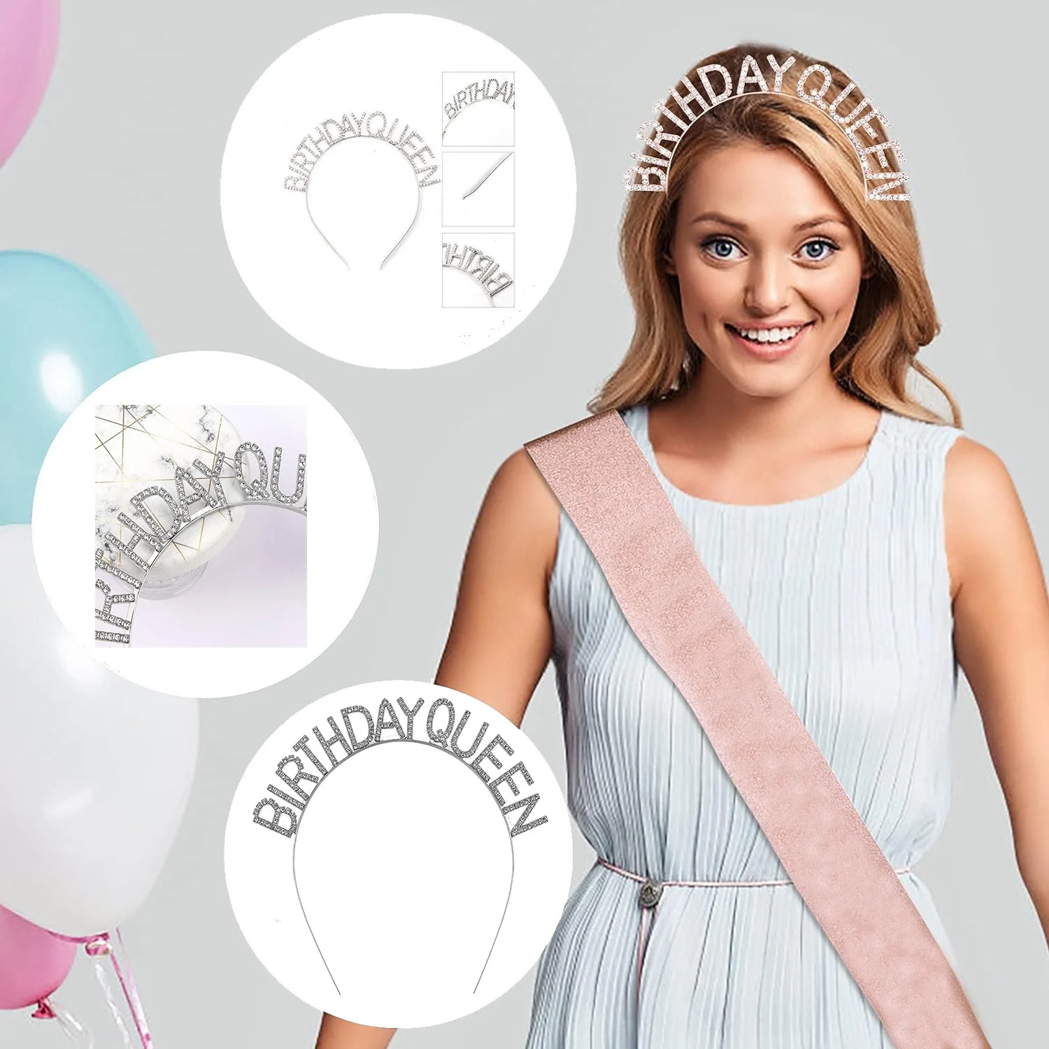 Mey İthalat® Gümüş Renk Kristal Taşlı Parlak Birthday Queen Yazıl