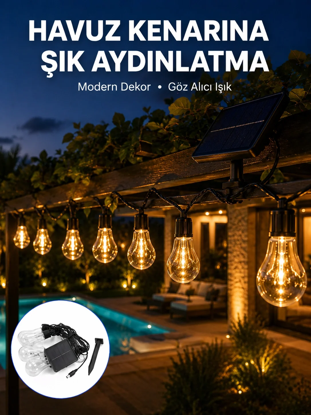 Mey İthalat® Güneş Enerjili Dış Mekan LED Ampul Işık Zinciri Bahç