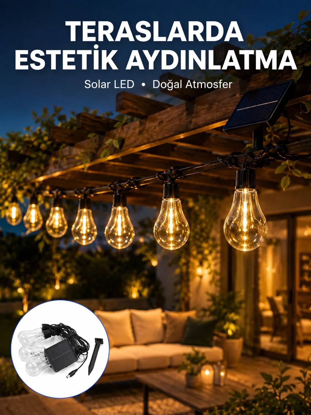 Mey İthalat® Güneş Enerjili LED Ampul Zincir Işık Sıcak Beyaz Dek