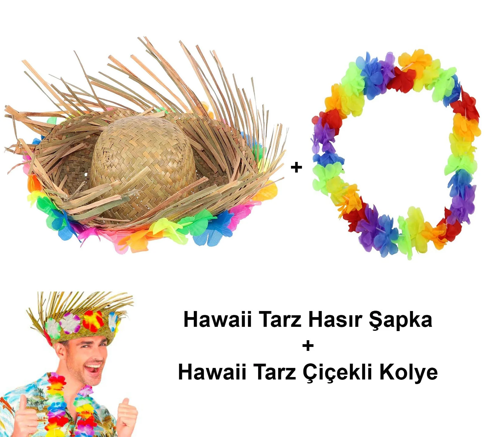 Mey İthalat® Hawaii Tarzı Tropikal Çiçekli Hasır Şapka ve Çiçekli