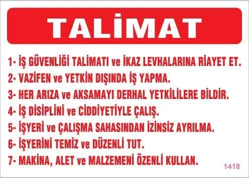 Mey İthalat® İş Güveliği Talimatları Levhası 25x35 KOD:1418 Mey İthalat® İş Güveliği Talimatları Levhası 25x35 KOD:1418
