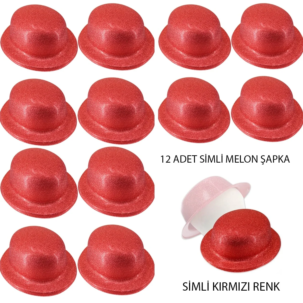 Mey İthalat® Kırmızı Renk Simli Melon Yuvarlak Parti Şapkası 12 A
