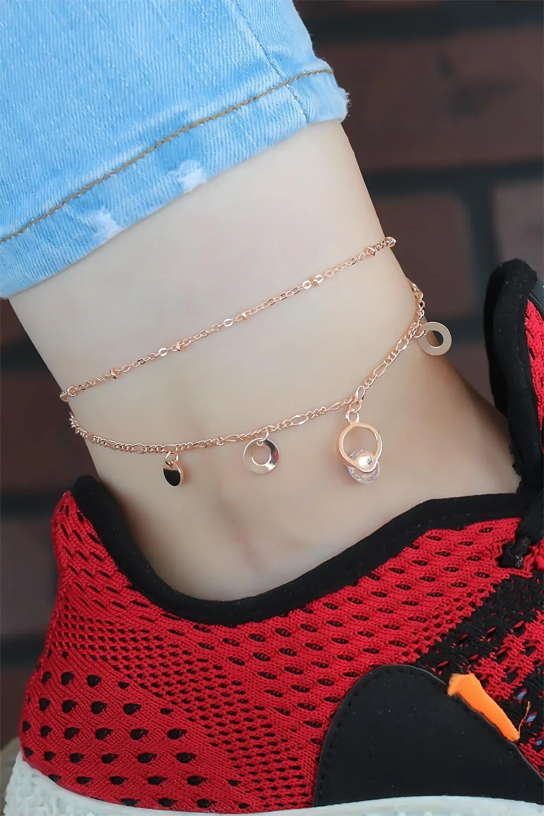 Mey İthalat® Kristal Taşlı Halkalı Rose Renk Çift Zincirli Hal Ha