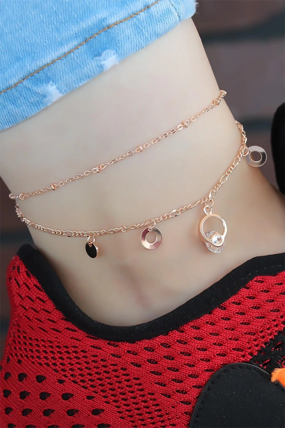 Mey İthalat® Kristal Taşlı Halkalı Rose Renk Çift Zincirli Hal Ha