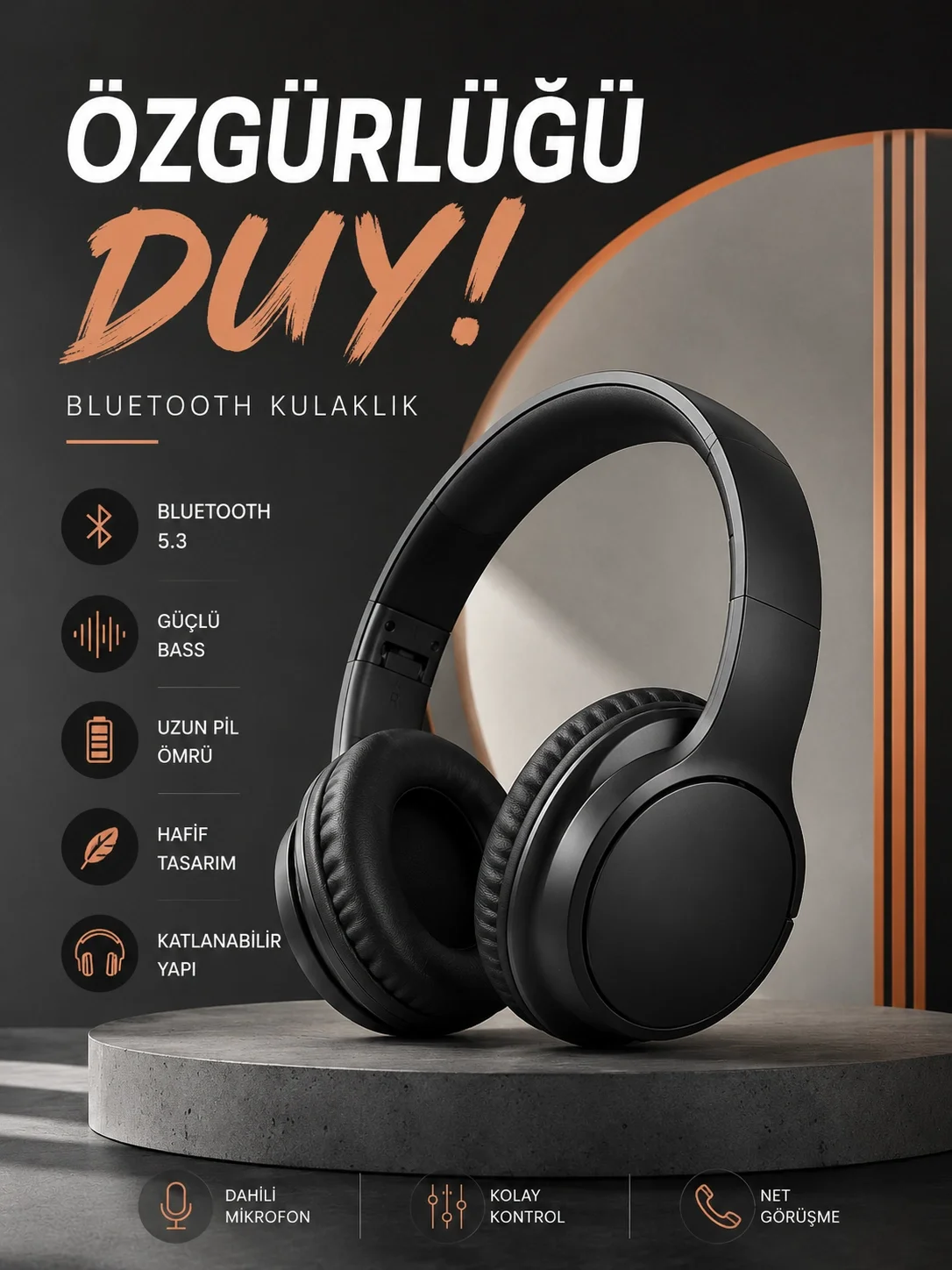 Mey İthalat® Kulak Üstü Bluetooth Kulaklık Ayarlanabiilir Uzun Pi