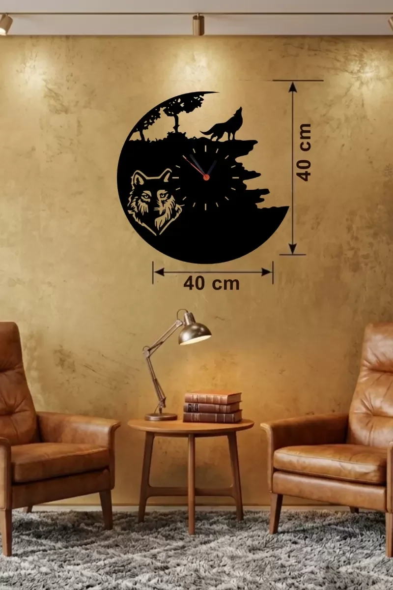 Mey İthalat® Kurt Temalı Lazer Kesim Ahşap Duvar Saati - 40x40 cm Mey İthalat® Kurt Temalı Lazer Kesim Ahşap Duvar Saati - 40x40 cm