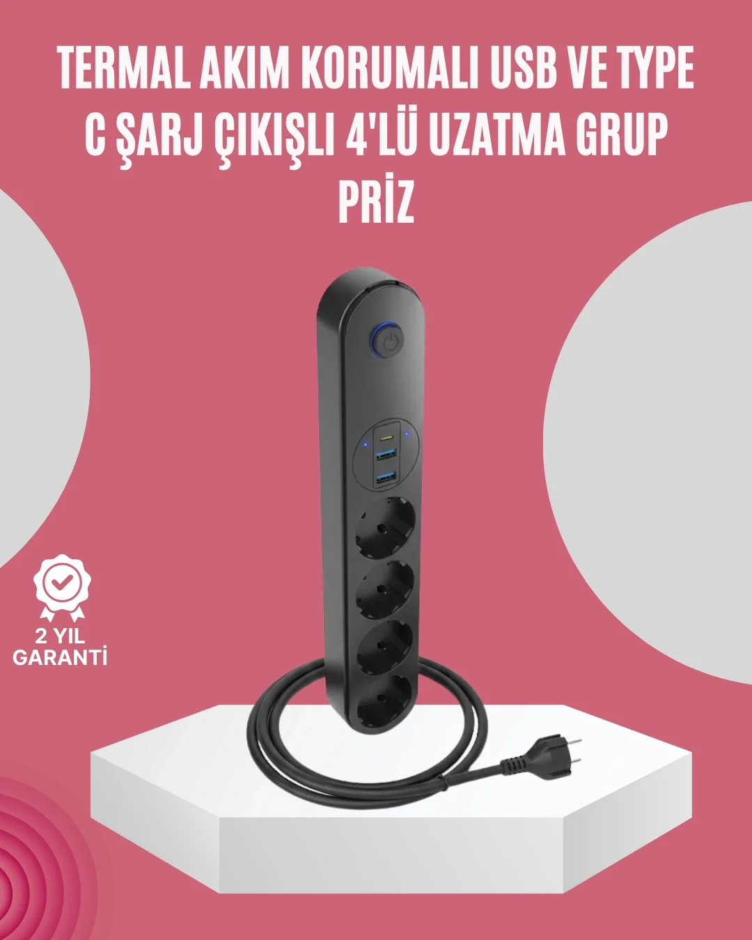 Mey İthalat® Led Anahtarlı Akım Korumalı Çoklu Priz 4 Priz 3 USB 