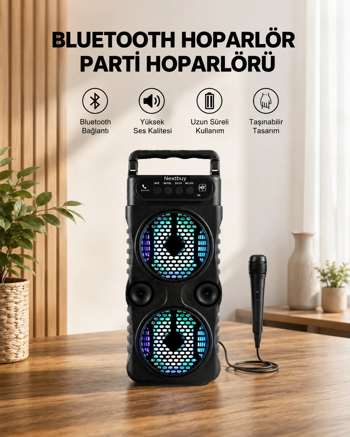 Mey İthalat® LED Işıklı Bluetoothlu Hoparlör Mikrofonlu Taşınabil