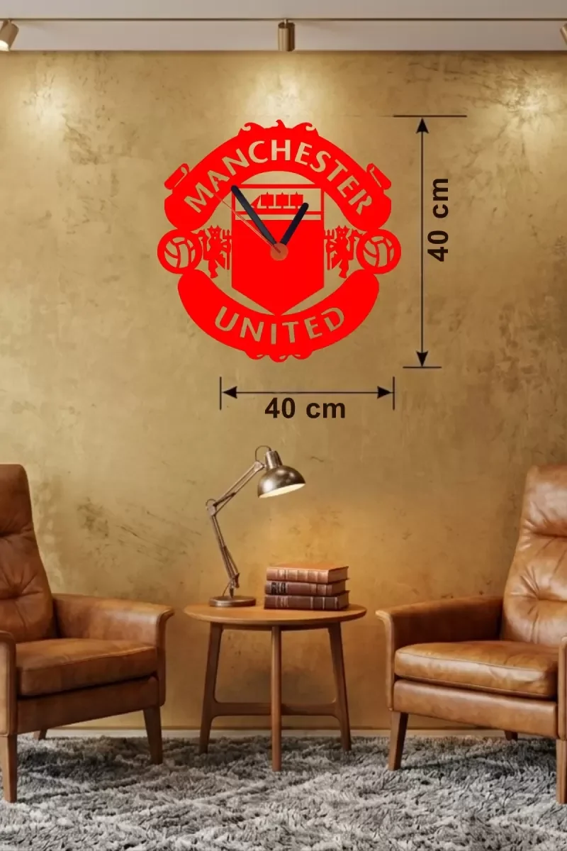 Mey İthalat® Manchester United Logolu Ahşap Duvar Saati - 40x40 c