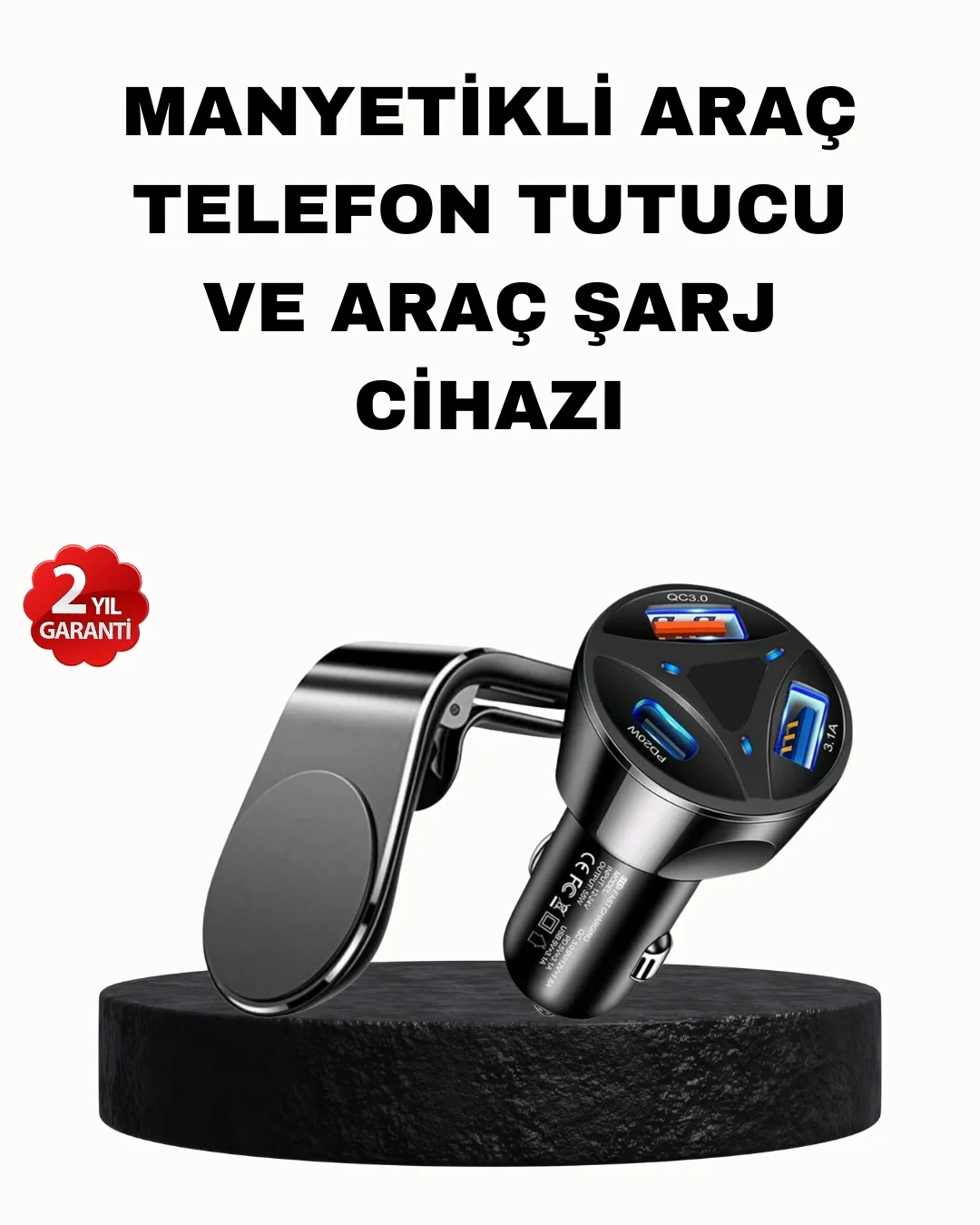 Mey İthalat® Manyetik Araç Telefon Tutucu ve Hızlı Şarj Adaptörü 