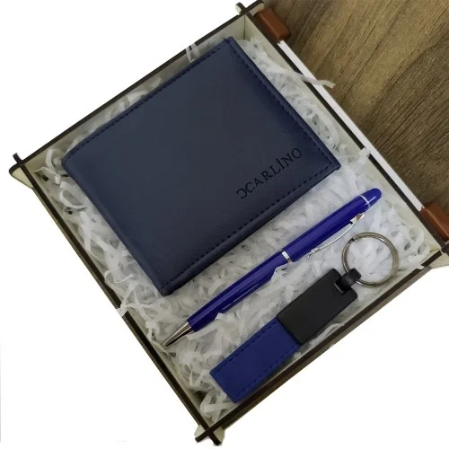 Mey İthalat®  Mavi Cüzdan Kalem ve Deri Mavi Anahtarlık Set