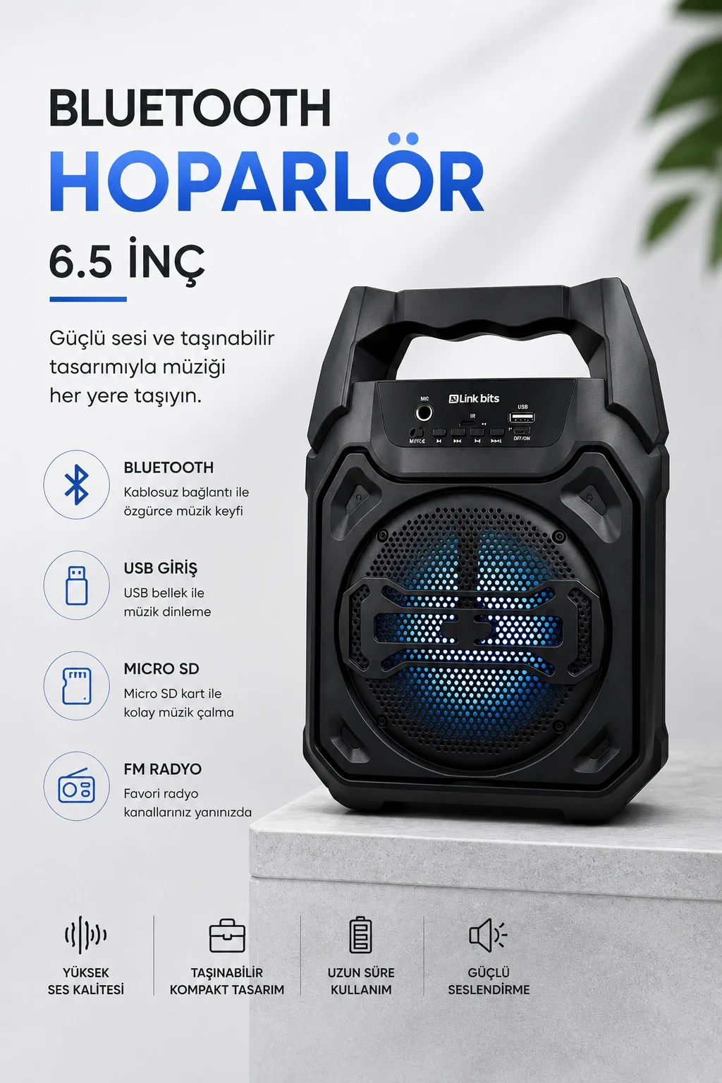 Mey İthalat® Mikrofonlu Bluetooth Ses Sistemli USB, Micro SD, FM 