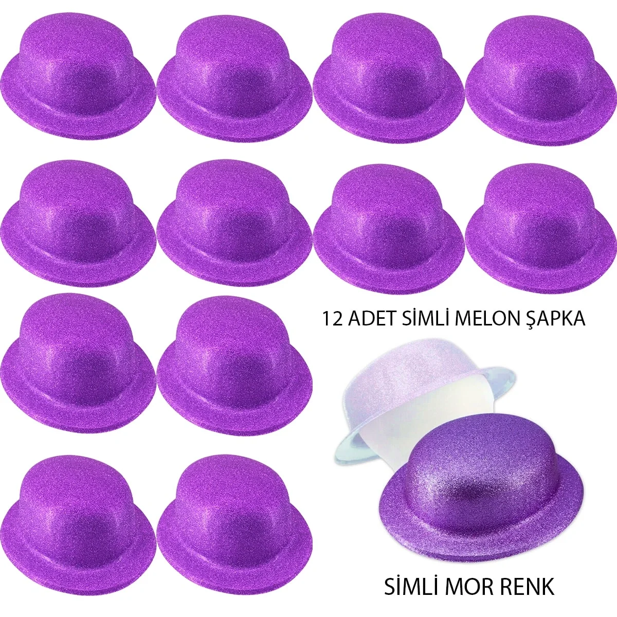 Mey İthalat® Mor Renk Simli Melon Yuvarlak Parti Şapkası 12 Adet