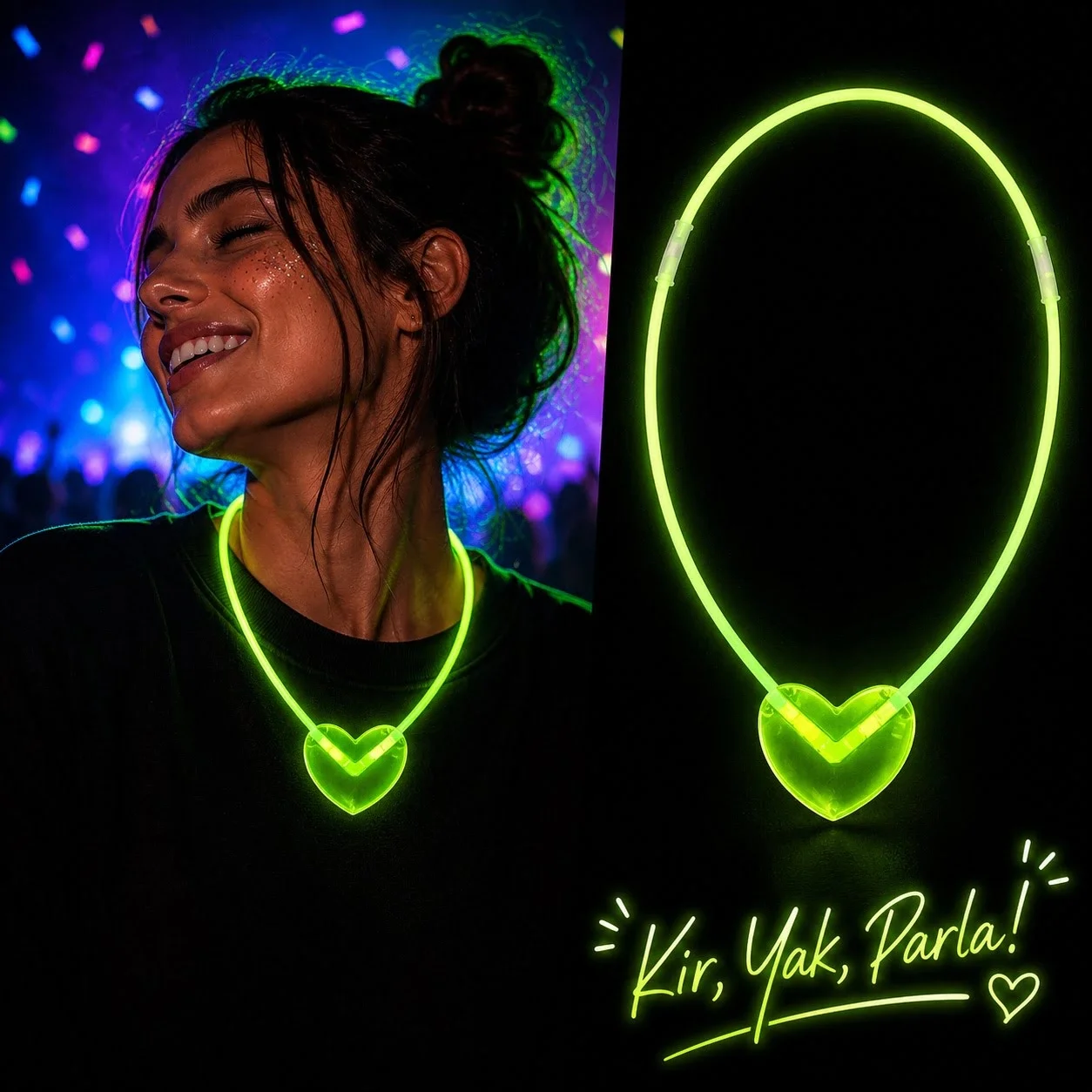 Mey İthalat® Neon Işıklı Fosforlu Kalp Parti Kolyesi Yeşil Renk