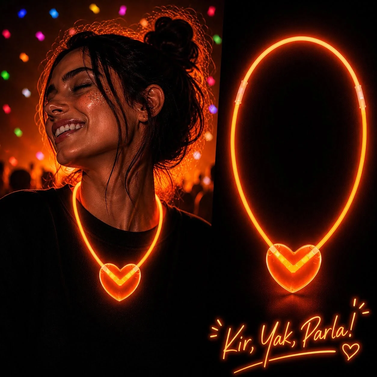 Mey İthalat® Neon Işıklı Fosforlu Kalp Parti Kolyesi Turuncu Renk