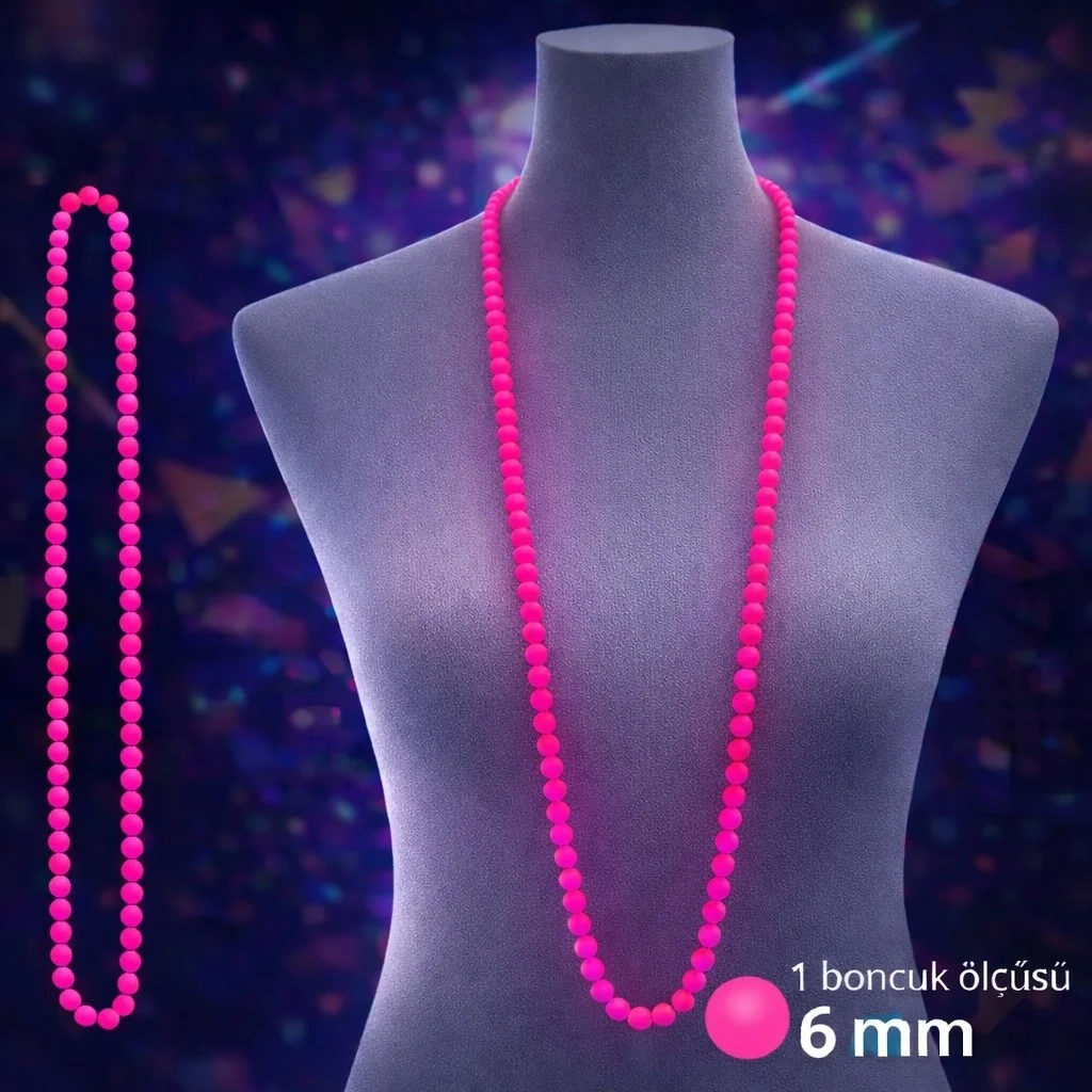 Mey İthalat® Neon Pembe Boncuk Kolye 80 cm – Retro 80’ler 90’lar 