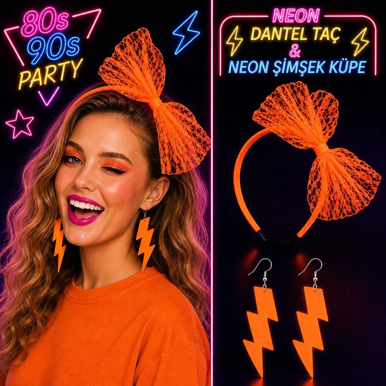 Mey İthalat® Neon Turuncu Dantel Taç ve Şimşek Küpe 80'ler 90