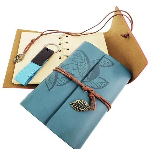 Mey İthalat® Özel Ahşap Kutulu Mavi Deri Defter ve Anahtarlık Set