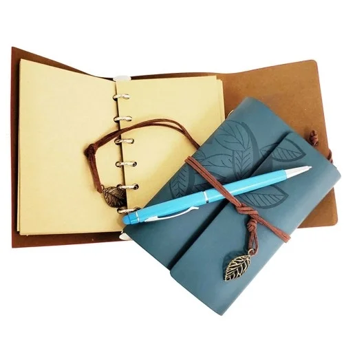 Mey İthalat®  Özel Ahşap Kutulu Mavi Deri Defter ve Kalem Set