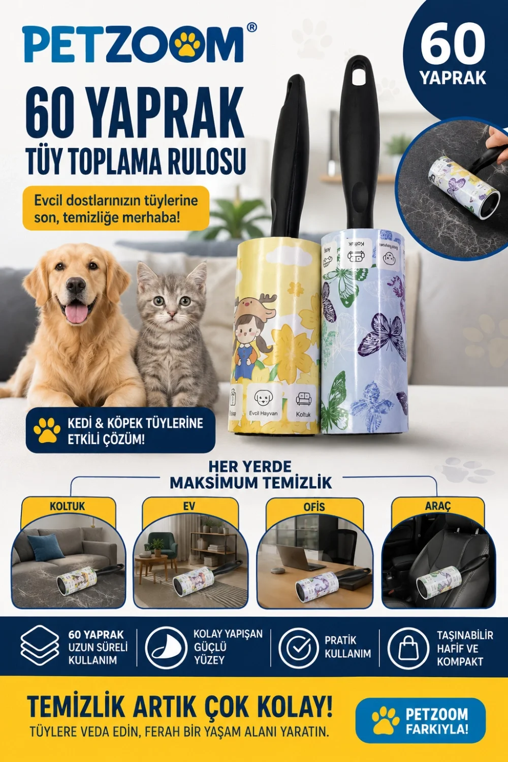 Mey İthalat® PETZOOM 60 Yaprak Tüy Toplama Rulosu Kedi Köpek Tüy Mey İthalat® PETZOOM 60 Yaprak Tüy Toplama Rulosu Kedi Köpek Tüy