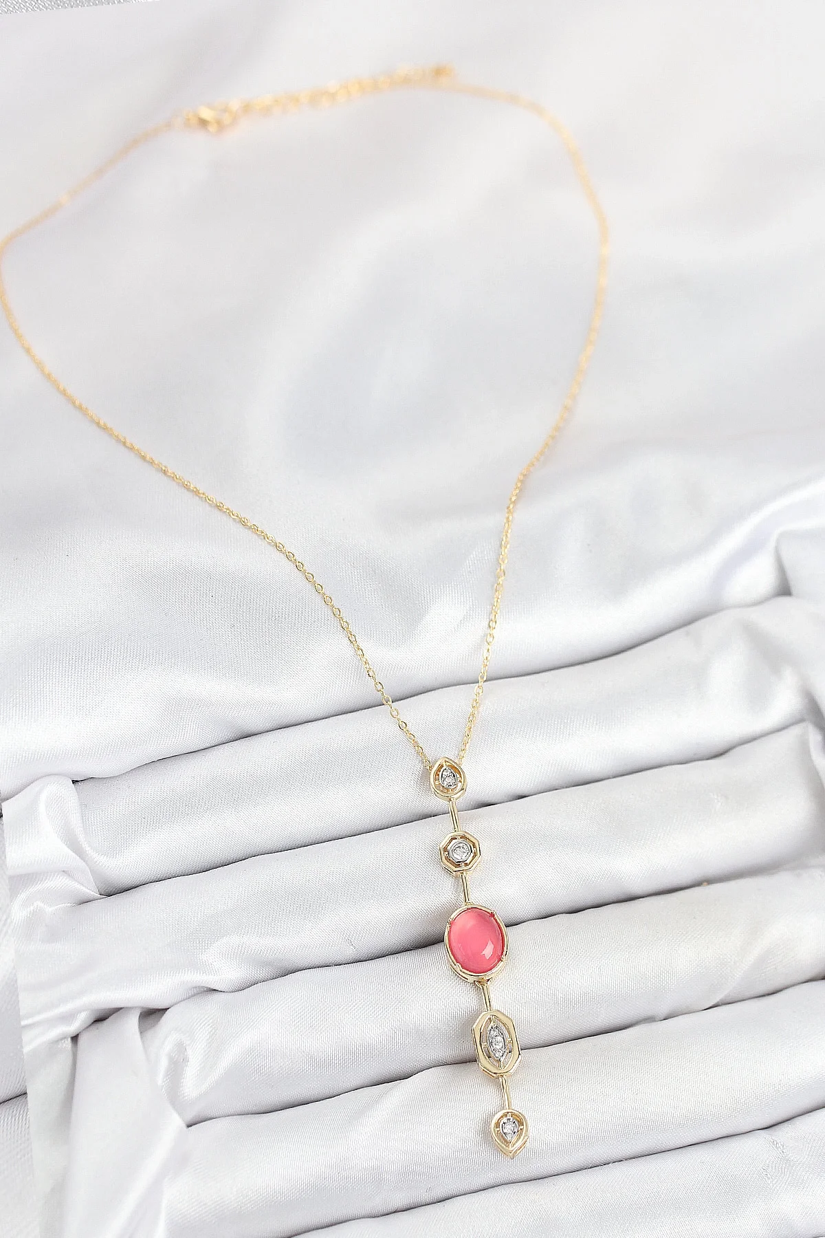 Mey İthalat® Pirinç Zincir Pembe Gold Renk Zirkon Taşlı Y Kolye