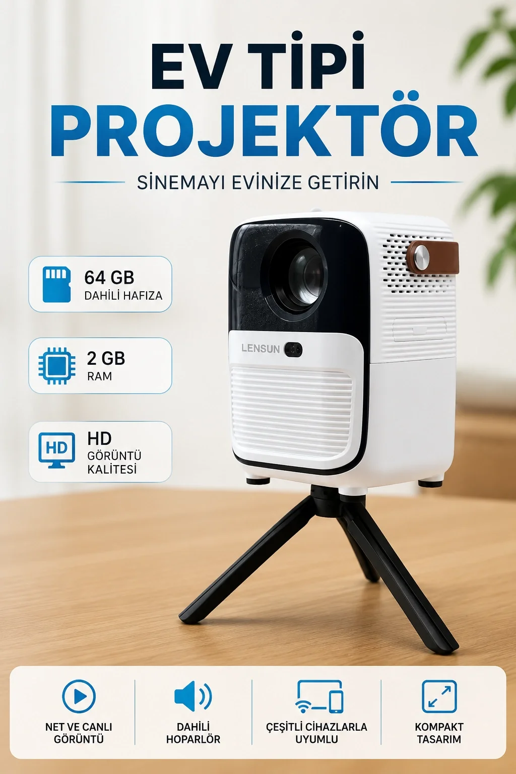 Mey İthalat® Projector Ev Tipi 64 Gb 2 Gb Rem Hafıza Hd Görüntü K