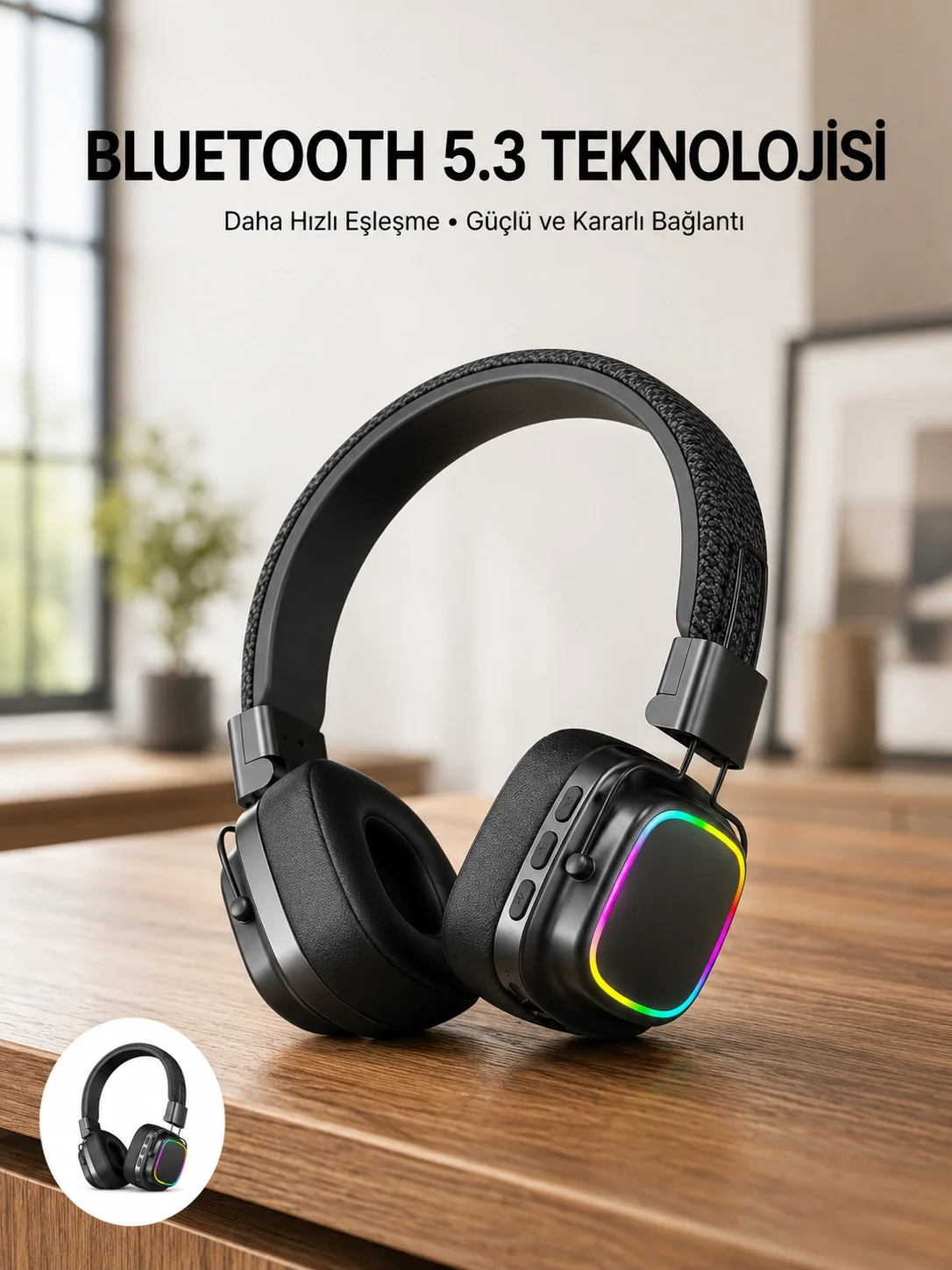 Mey İthalat® Renkli Işık Efektli Bluetooth 5.3 Müzik Kulaklığı Ye