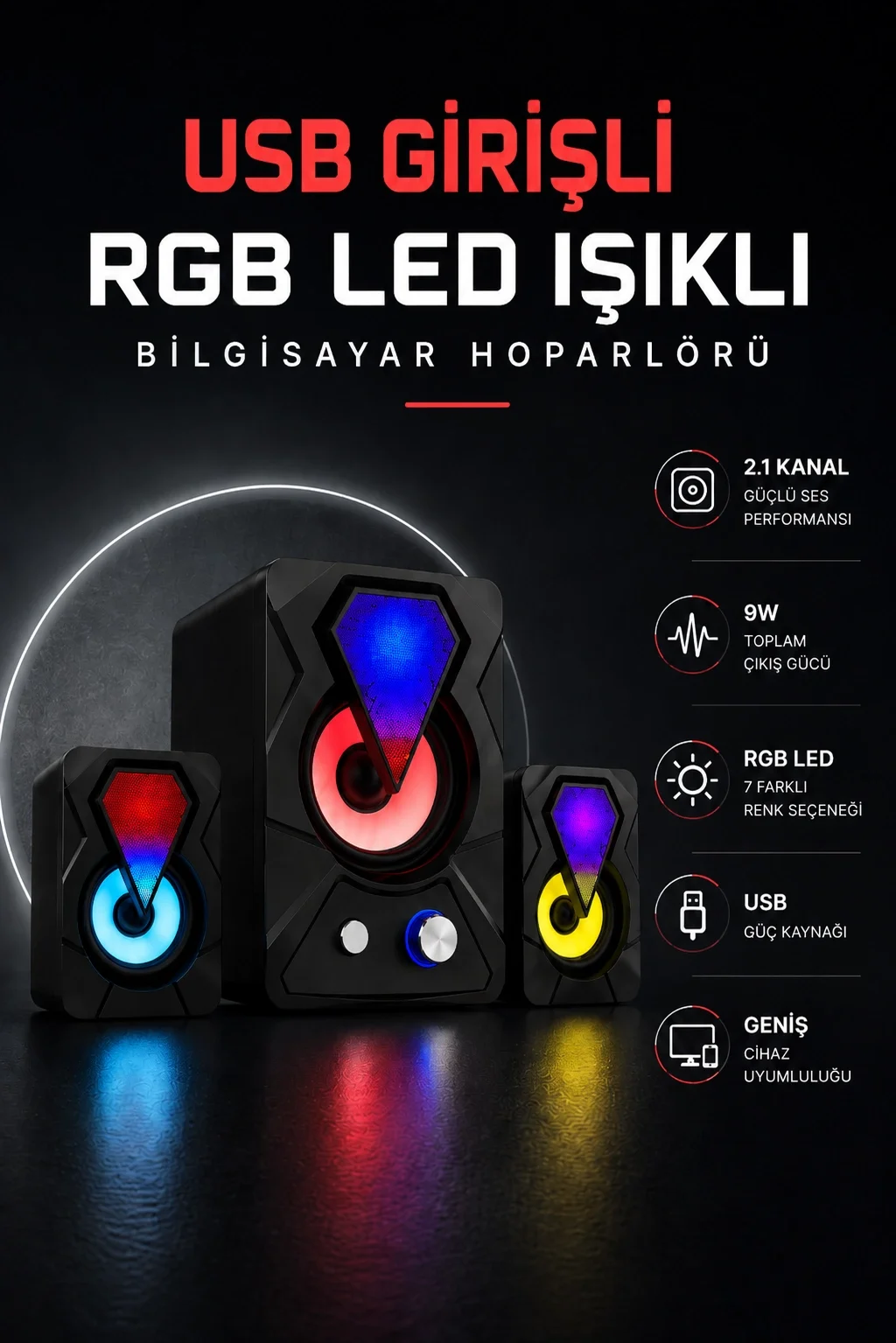 Mey İthalat® RGB LED AYDINLATMALI USB BİLGİSAYAR OYUN HOPARLÖRÜ