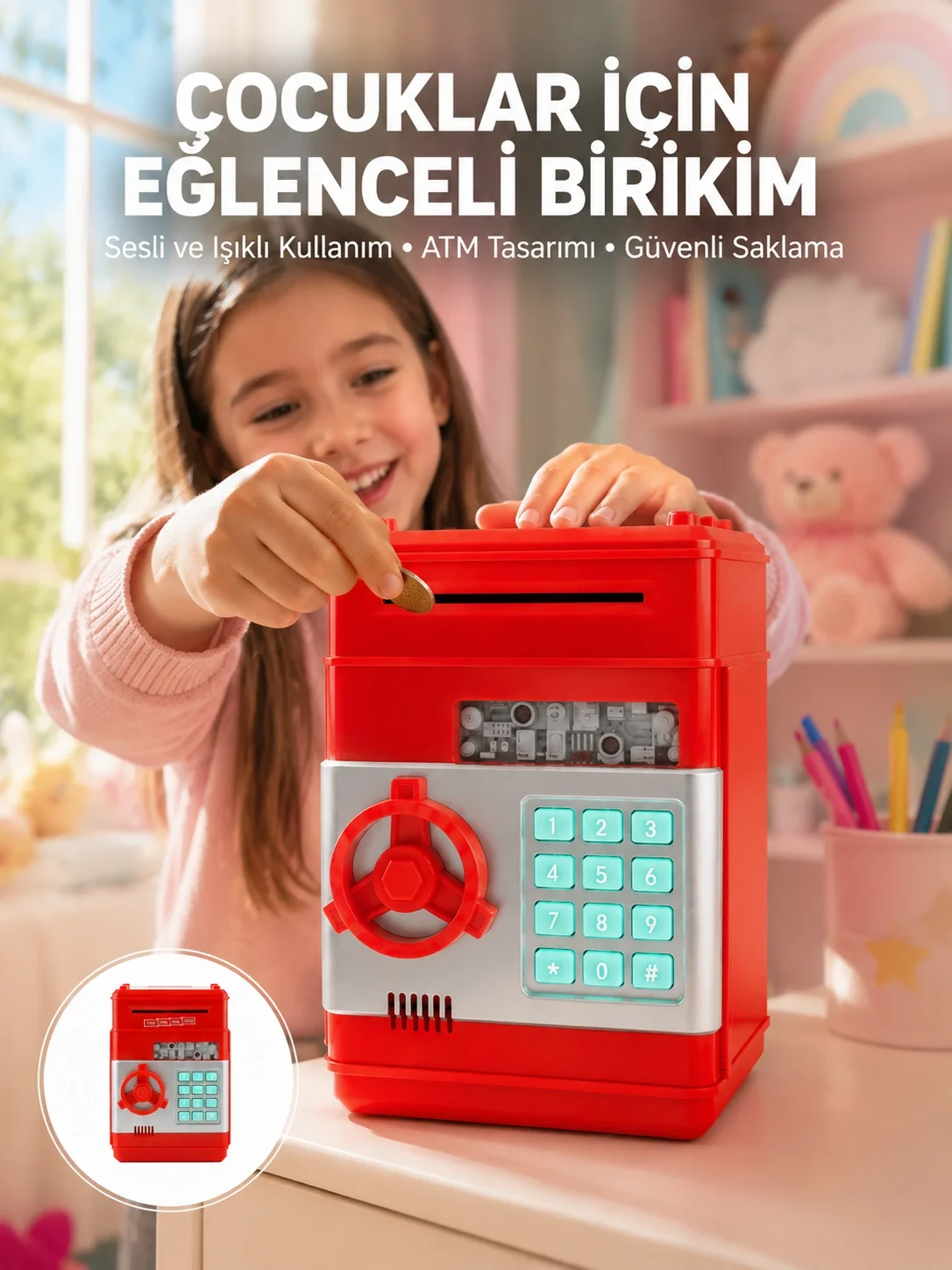 Mey İthalat® Şifreli Kırmızı ATM Tasarımlı Çelik Kasa Görünümlü K
