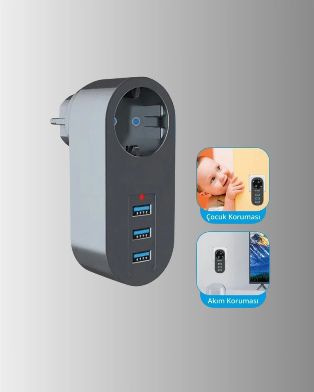Mey İthalat® Termal Akım Korumalı 3 USB'li Güvenli Priz – Akıllı 