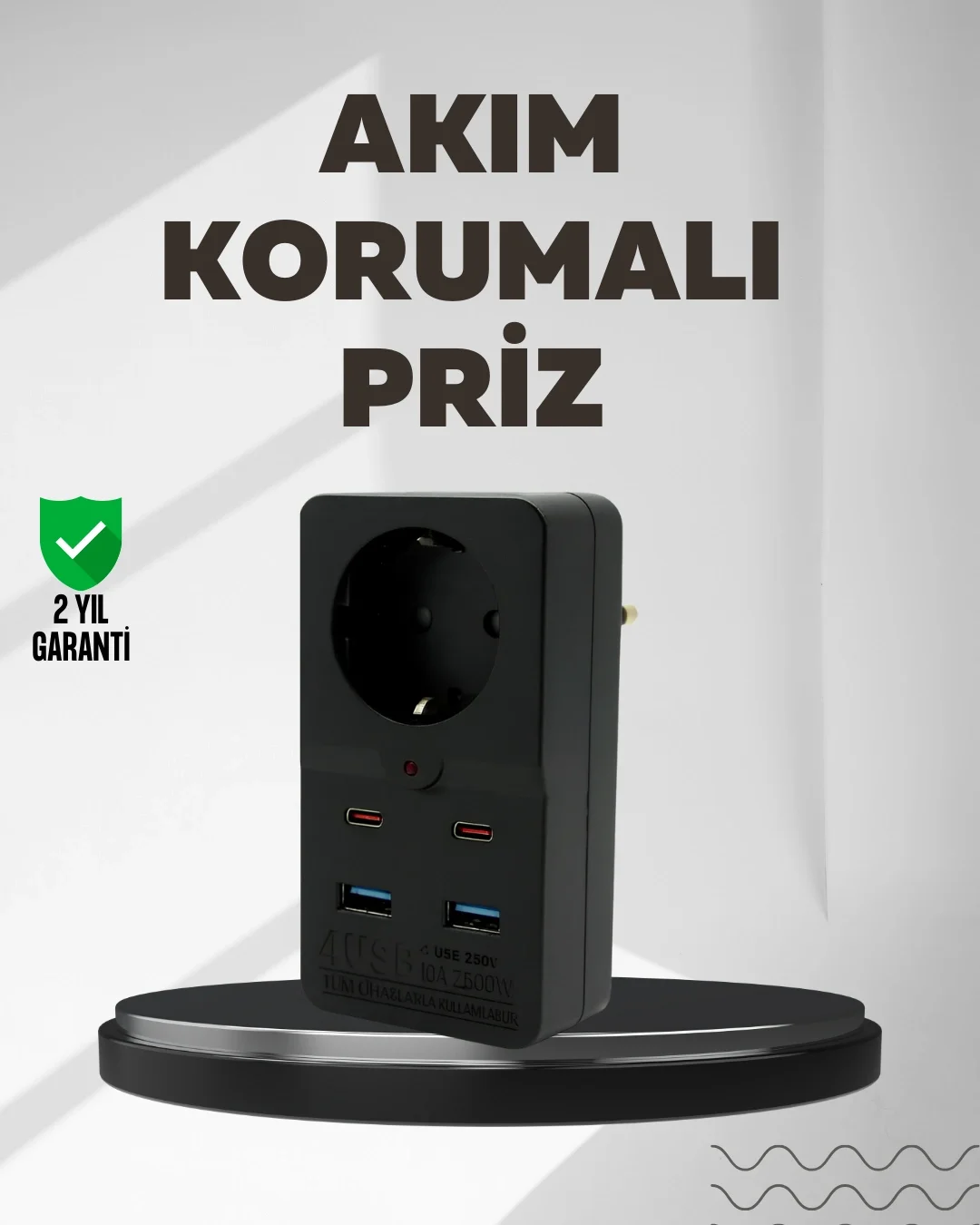 Mey İthalat® Tip Akım Koruma Prizi 10A 2500W USB Type C Destekli