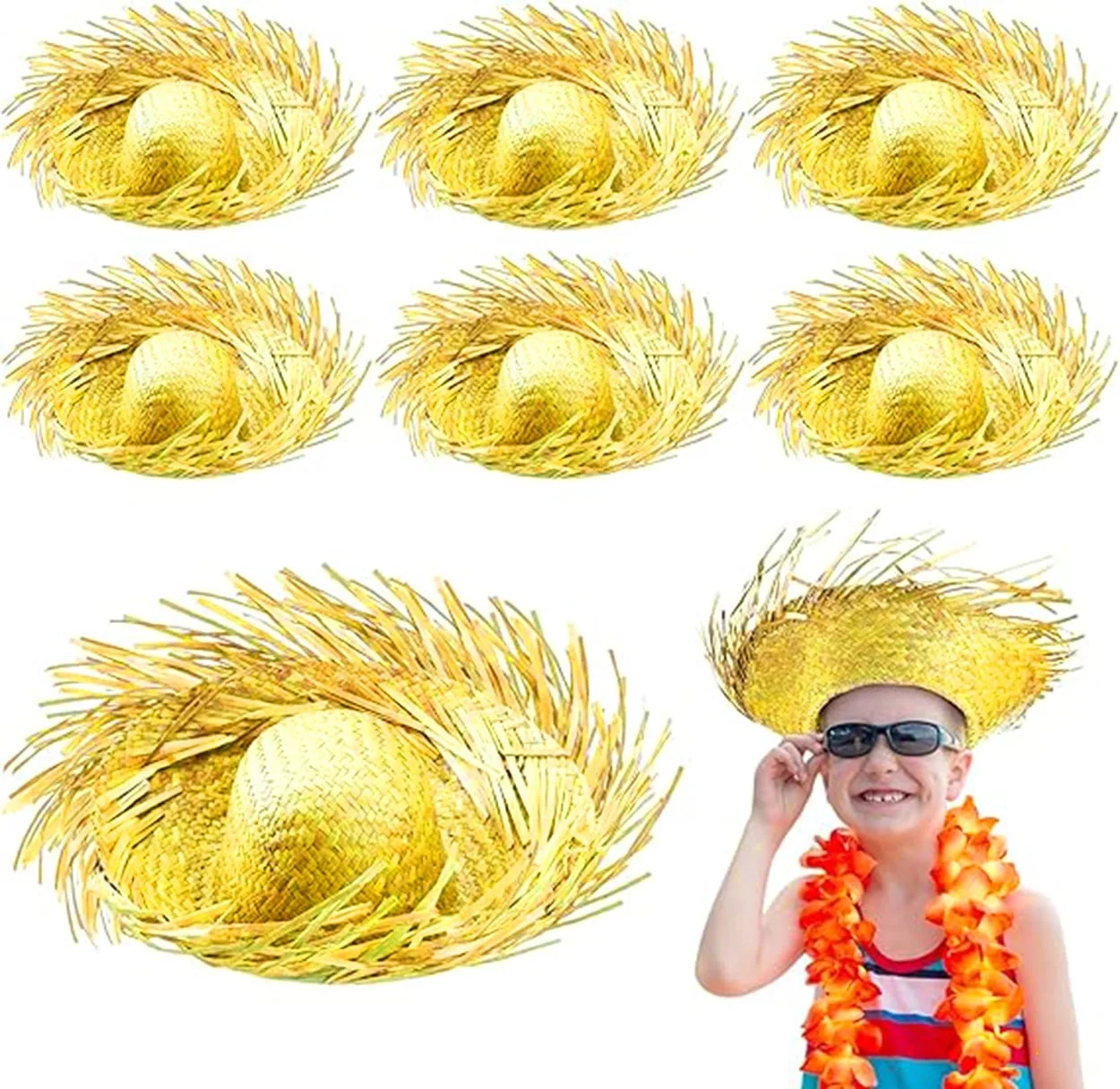 Mey İthalat® Tropikal Parti Sarı Hasır Hawaii Şapkası 13x36 cm
