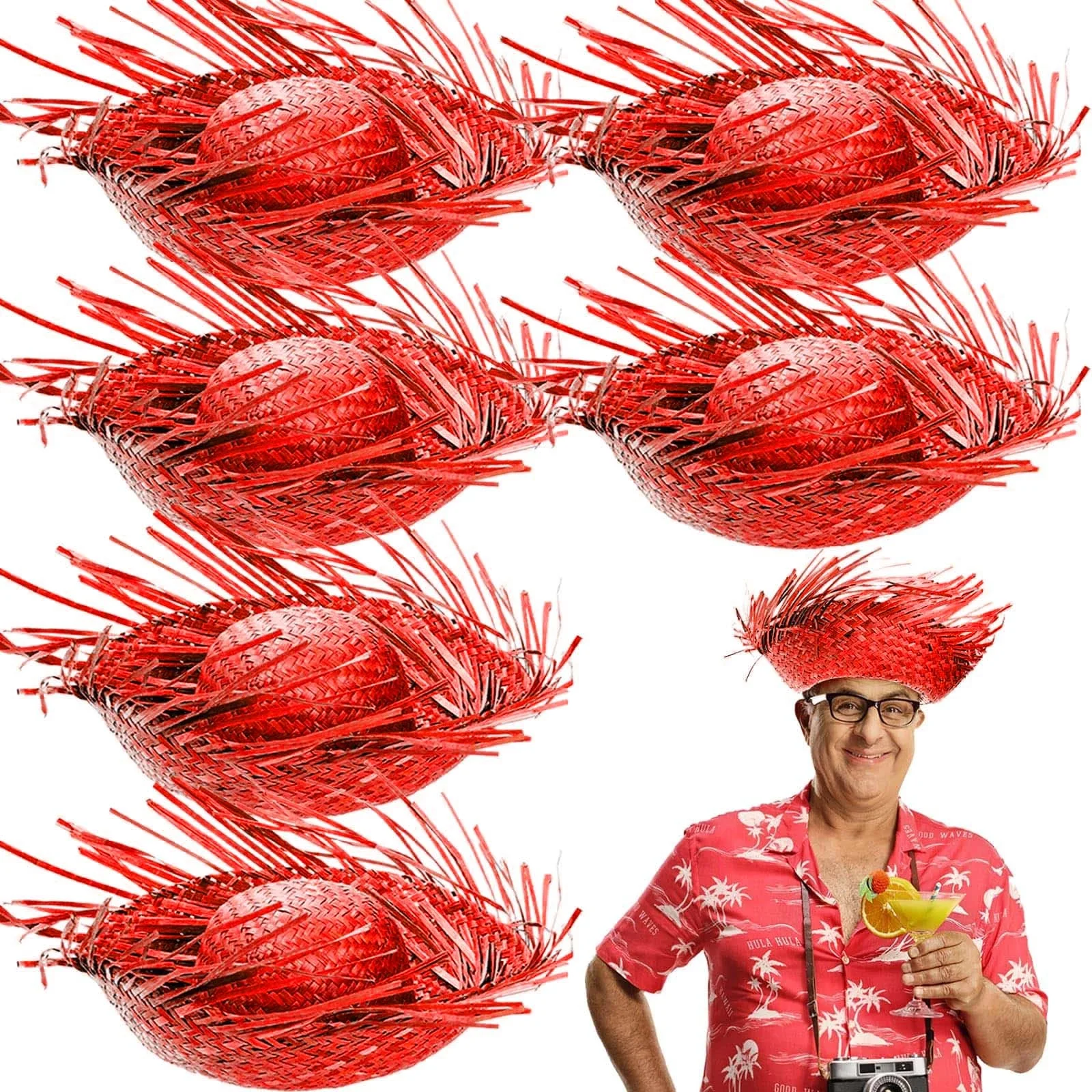 Mey İthalat® Tropikal Parti Kırmızı Hasır Hawaii Şapkası 13x36 cm