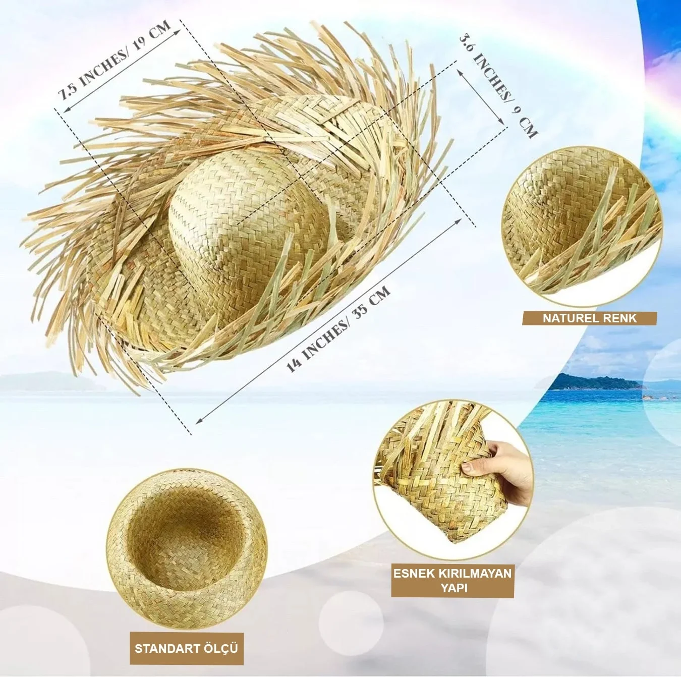 Mey İthalat® Tropikal Parti Naturel Hasır Hawaii Şapkası 13x36 cm