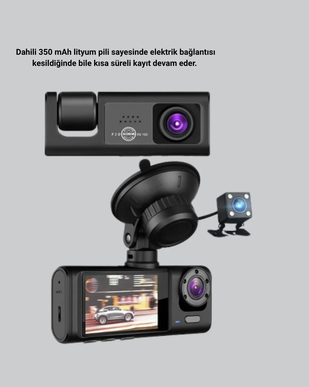 Mey İthalat® Üç Kameralı Araç İçi Kayıt Sistemi Full HD Gece Görü