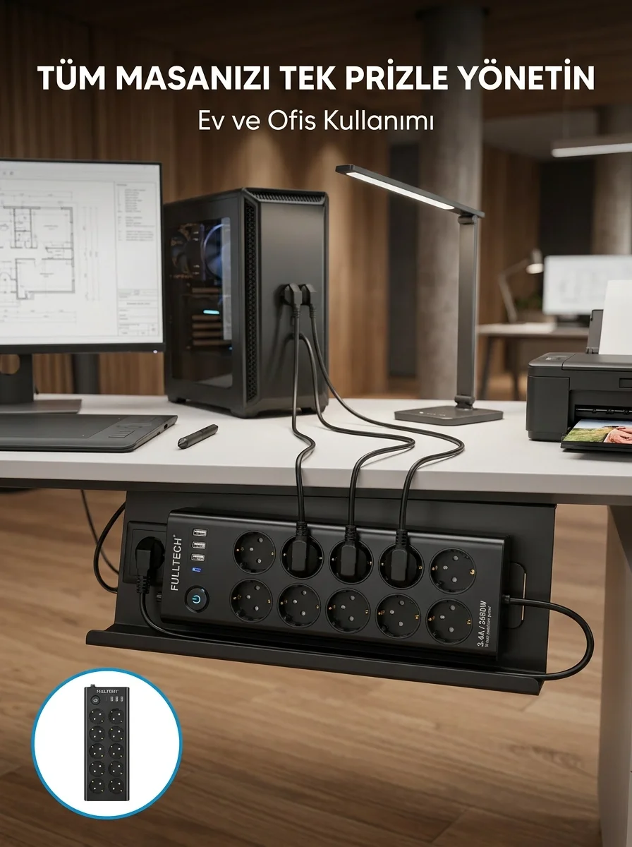 Mey İthalat® USB ve Type-C Şarj Özellikli 10'lu Çoklu Priz