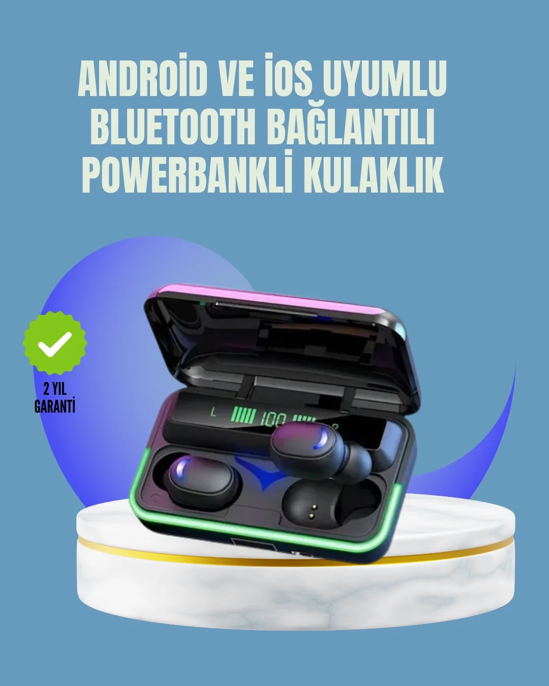 Mey İthalat® Uzun Pil Ömürlü E10 Powerbank Bluetooth Kulaklık LED