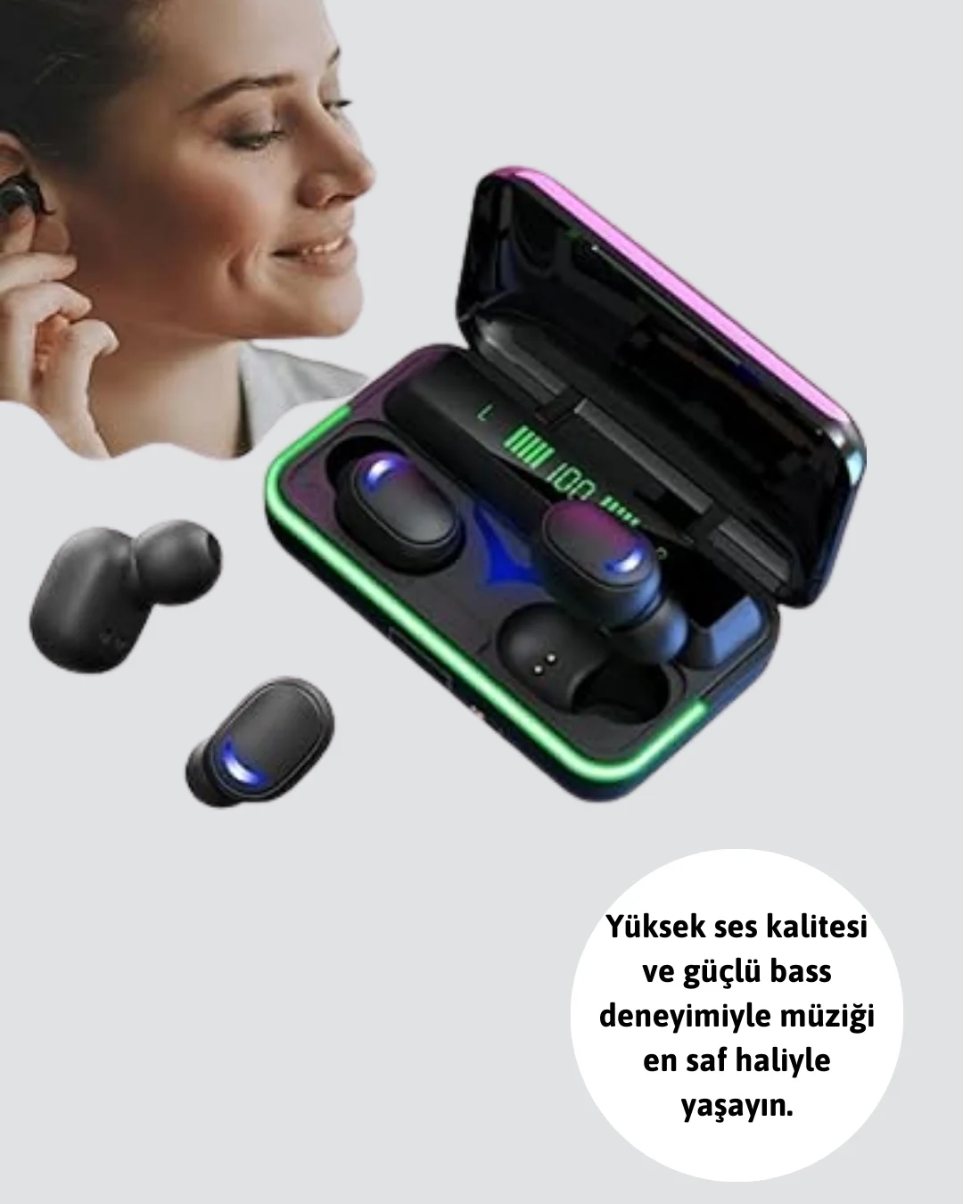 Mey İthalat® Uzun Pil Ömürlü E10 Powerbank Bluetooth Kulaklık LED