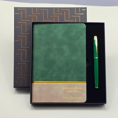 Mey İthalat® Yeşil Şeritli Defter Ve Yeşil Metal Kalem Set