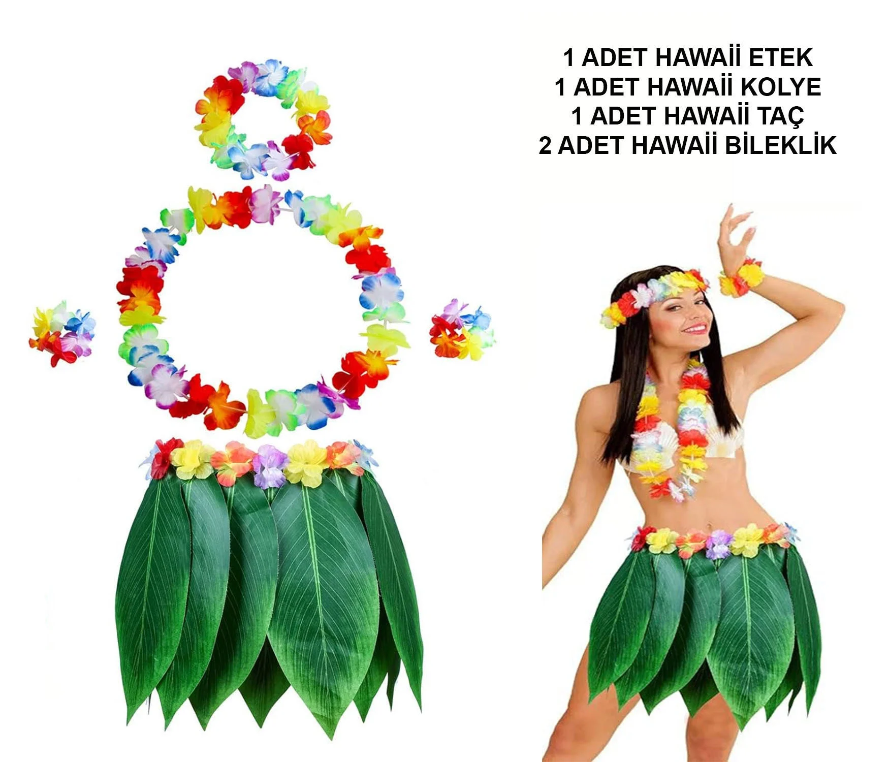 Mey İthalat® Yetişkin Hawaii Kostüm Seti - Yaprak Etek &amp; Hawa