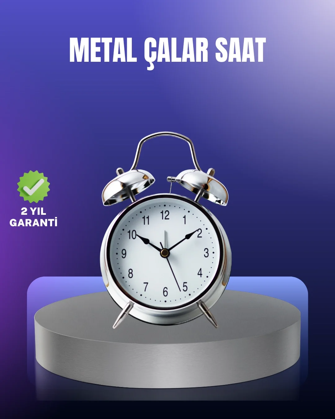 Mey İthalat® Yuvarlak Gümüş Dekoratif Işıklı Masa Üstü Saat Alarm