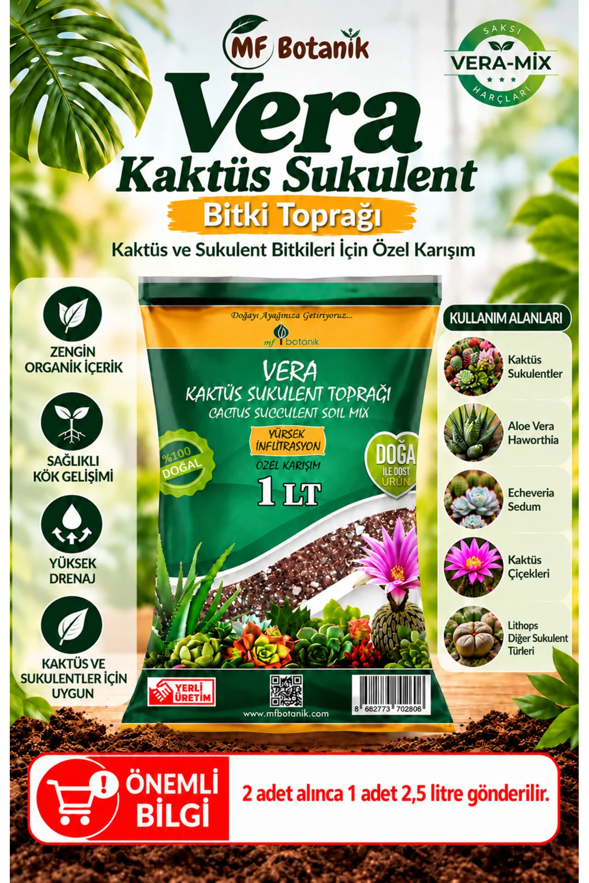 MF Botanikl Veramix Kaktüs Sukulent Saksı Harcı Bitki Toprağı Özel Karışım Ithal Torf - Cocopeat 1 Litre MF Botanikl Veramix Kaktüs Sukulent Saksı Harcı Bitki Toprağı Özel Karışım Ithal Torf - Cocopeat 1 Litre - Görsel 2