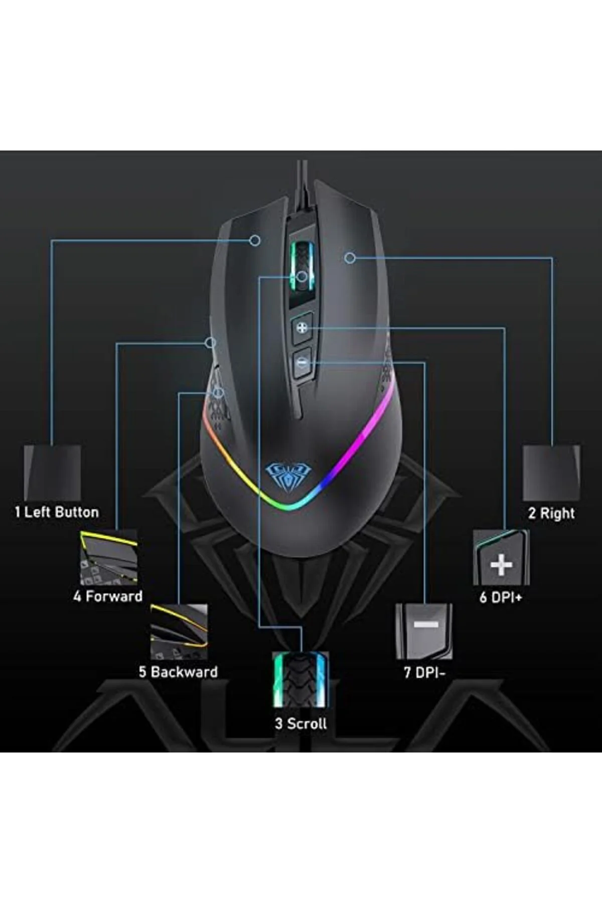 mhtshop AULA F805 6400DPI RGB 7 Tuşlu Makro Optik Oyuncu Mouse, S