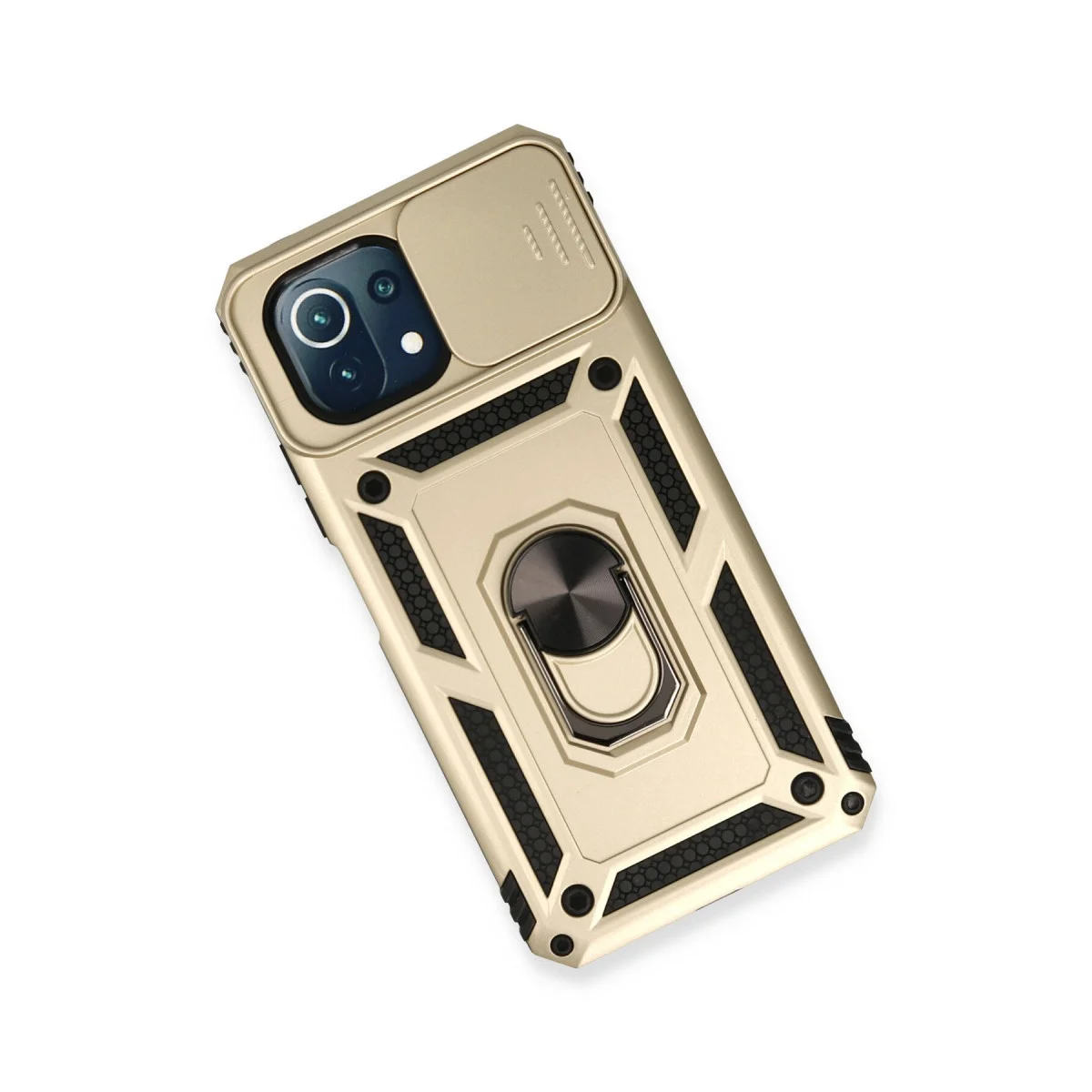 Mi 11 Lite Kılıf - Gold Lens Kılıf ve Metal Standlı Premium Silikon Koruma