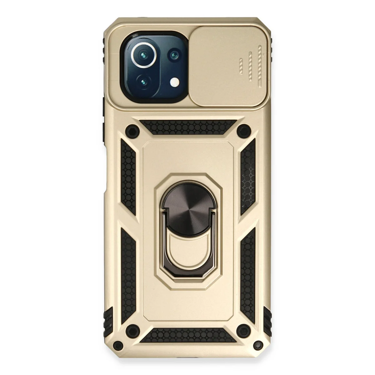 Mi 11 Lite Kılıf - Gold Lens Kılıf ve Metal Standlı Premium Silikon Koruma